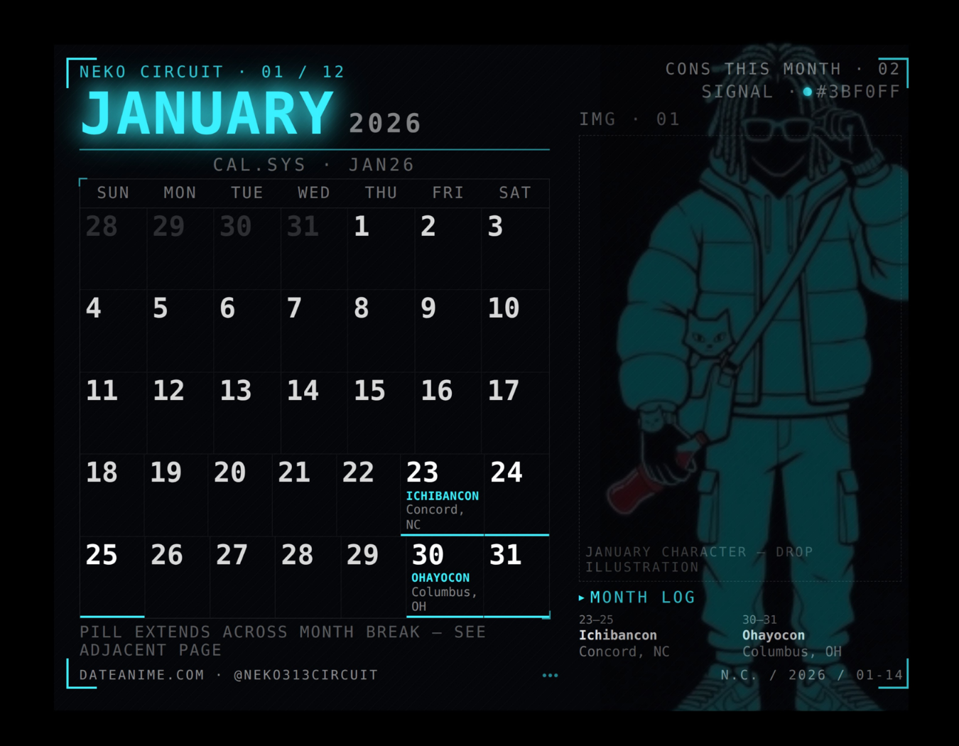 Neko Circuit 2026 anime convention calendar — January spread preview