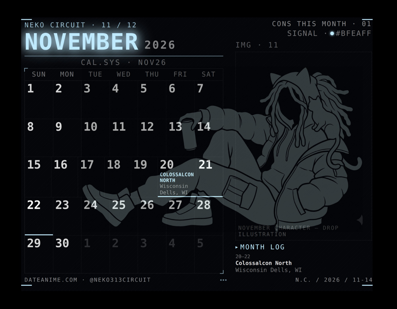 November artwork - anime cat in Detroit cityscape